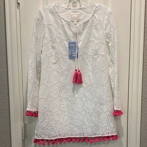 Sail to Sable White Crochet Tunic with Pink Tassel Trim